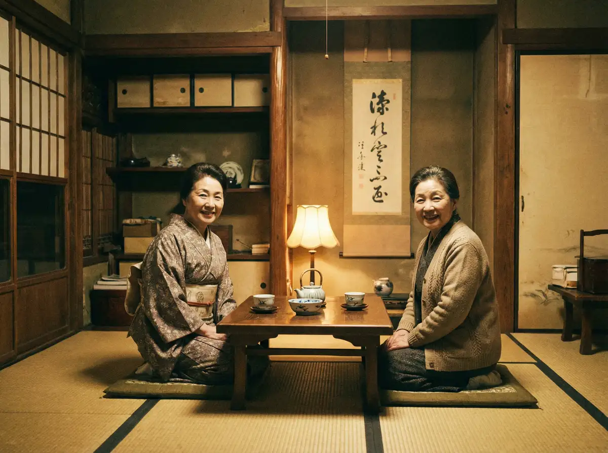 两位优雅的 女竟然在自慰在线， 在日式茶室中品茶交谈